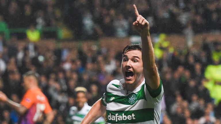Tierney celebrates his goal in the 3-3 Champions League draw with Man City