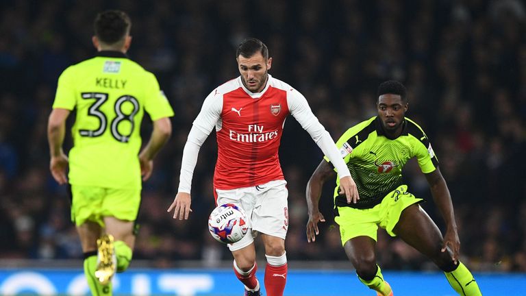 Lucas Perez controls the ball in Arsenal EFL Cup clash with Reading