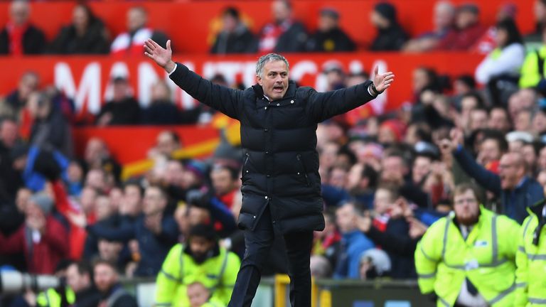 Jose Mourinho reacts to a penalty decision at Old Trafford