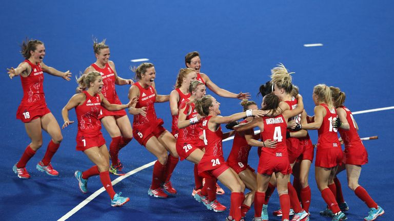 Great Britain players celebrate winning the shootout against Netherlands to win the Rio 2016 women's hockey gold medal