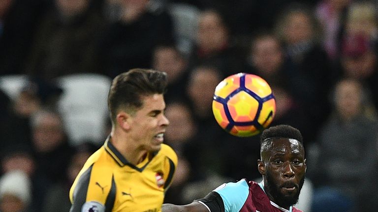 Edimilson Fernandes and Gabriel contest for the ball at the London Stadium