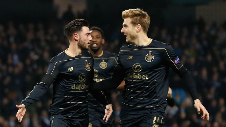 Patrick Roberts celebrates scoring Celtic's first goal of the game