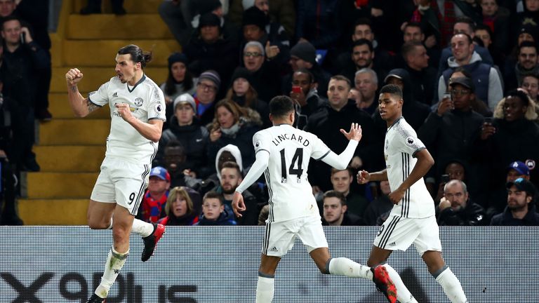 Zlatan Ibrahimovic celebrates putting Manchester United 2-1 up late in the game