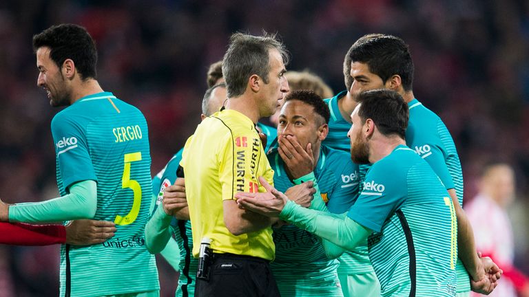 Barcelona players protest a decision during the defeat to Athletic Bilbao