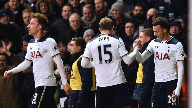 Dele Alli celebrates with Eric Dier after scoring his and Tottenham's second goal 