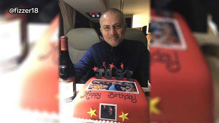 Phil Neville posted this picture of Jose Mourinho with a birthday cake on Thursday. PIC: @fizzer18