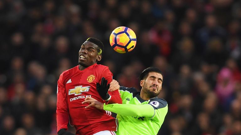 Paul Pogba and Emre Can battle during the draw between Man Utd and Liverpool
