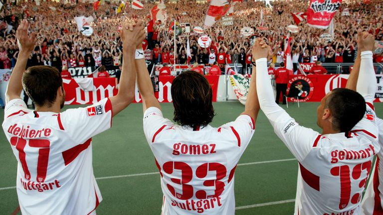 Gomez celebrates a Stuttgart victory with the fans