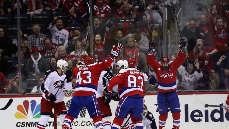 Washington Capitals celebrate after scoring against Columbus Blue Jackets