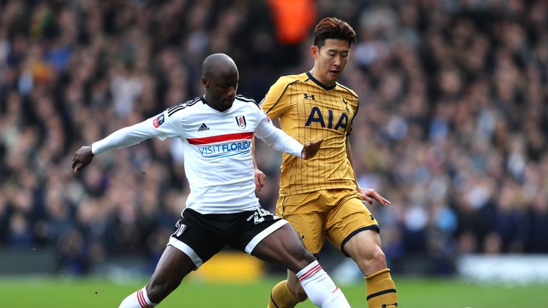 Heung-Min Son holds off Sone Aluko in the first half at Craven Cottage