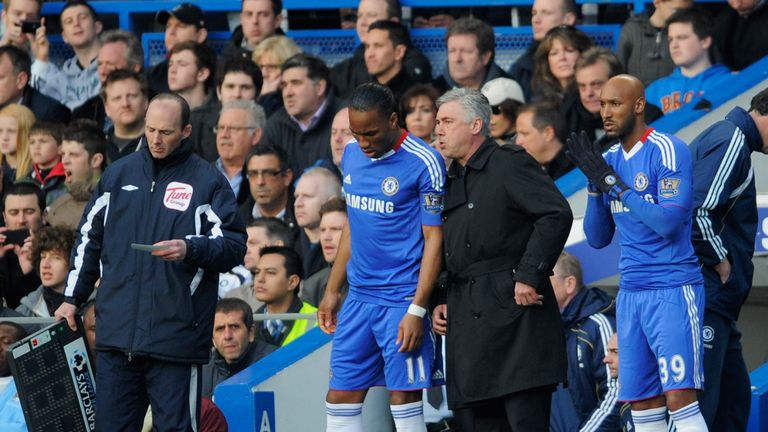 Carlo Ancelotti prepares to bring on Didier Drogba and Nicolas Anelka for Chelsea