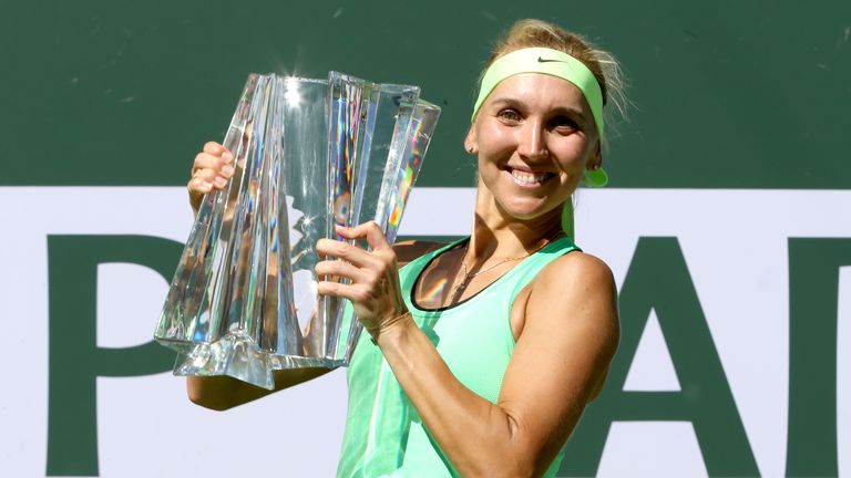 Elena Vesnina celebrates after victory over Svetlana Kuznetsova at Indian Wells