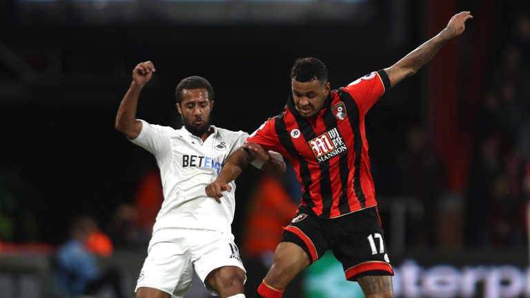 Swansea winger Wayne Routledge (left) and Bournemouth's Joshua King challenge for the ball