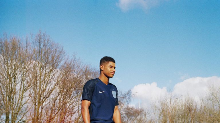 Marcus Rashford in the new England away kit, which will be worn for the first time in a friendly against Germany on Wednesday. Pic: Lottie Bea Spencer for Nike