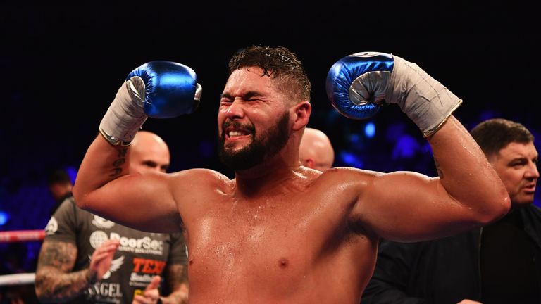 Bellew celebrates his shock 11th-round TKO victory over Haye