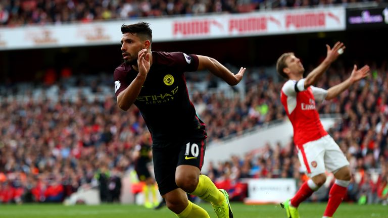 Sergio Aguero of Manchester City celebrates scoring his side's second goal