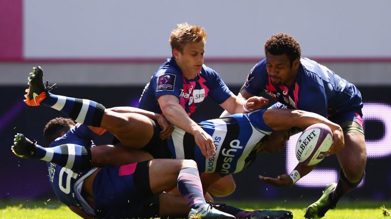 Ben Tapuai of Bath is stopped on the line from scoring a try