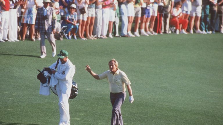 Jack Nicklaus walks up the final fairway before being crowned Masters champion for the sixth time in 1986