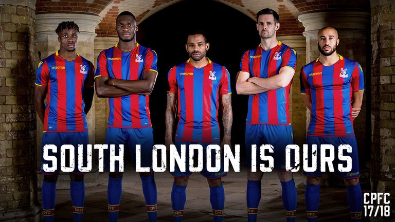 Crystal Palace players (left to right) Wilfried Zaha, Christian Benteke, Jason Puncheon, Scott Dann and Andros Townsend, model their new home kit