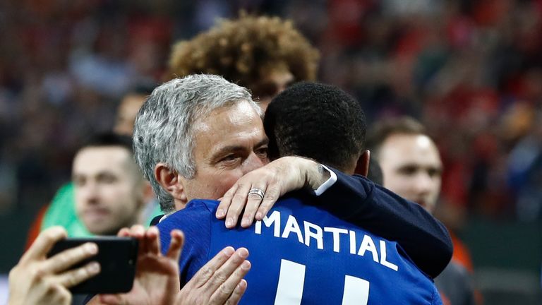Jose Mourinho celebrates with Anthony Martial after the Europa League final