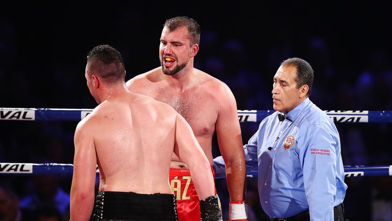 Razvan Cojanu (red trunks) proved an awkward opponent for Joseph Parker