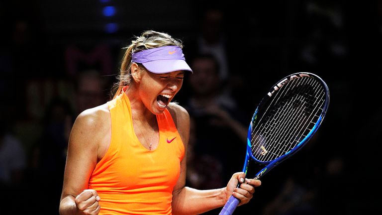 Sharapova celebrates winning match point against Roberta Vinci during the Porsche Tennis Grand Prix
