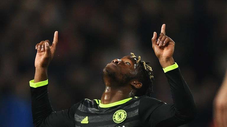 Michy Batshuayi celebrates after scoring the goal that won Chelsea the title