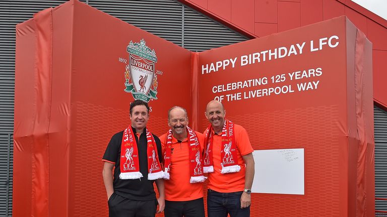 (L-R) Robbie Fowler, Peter Moore and Garry McAllister unveil Liverpool's 125th birthday card at Anfield. Picture courtesy LFC