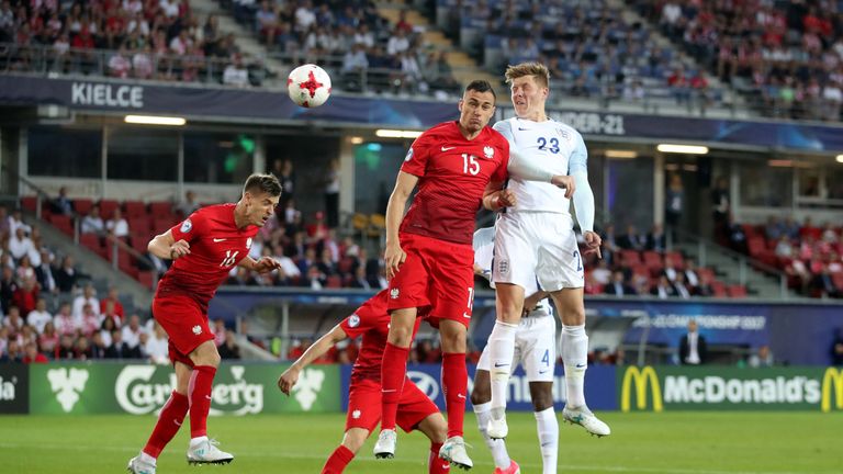 England's Alfie Mawson (right) and Poland's Jaroslaw Jach battle for the ball