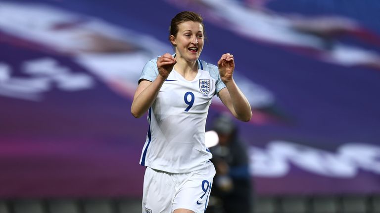 Ellen White celebrates her winner for England against Denmark