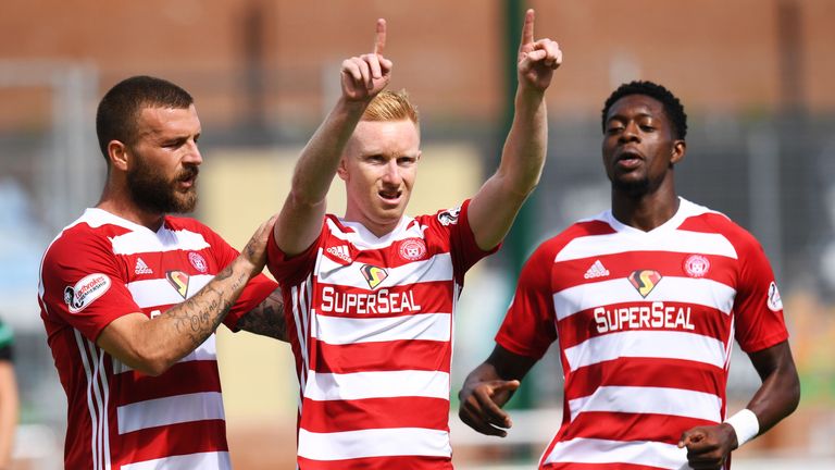 Hamilton's Ali Crawford (centre) celebrates his goal against Stenhousemuir