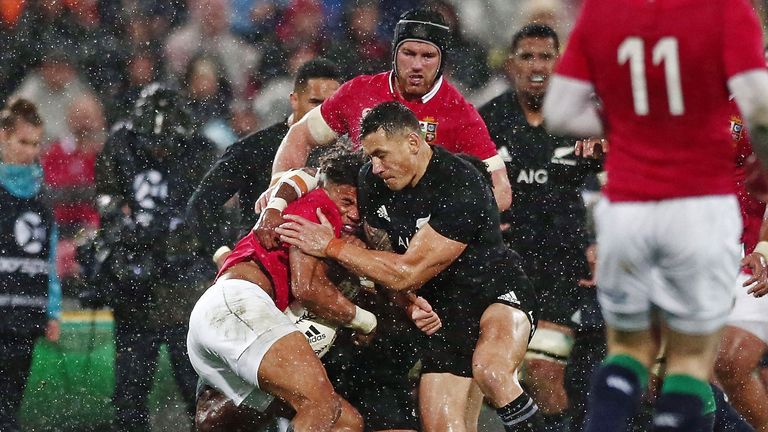 Anthony Watson is hit with a high tackle by Williams who was subsequently sent off for this challenge