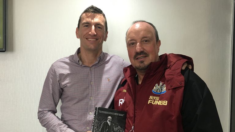 Martin Hardy alongside Benitez with a copy of his book Rafa's Way