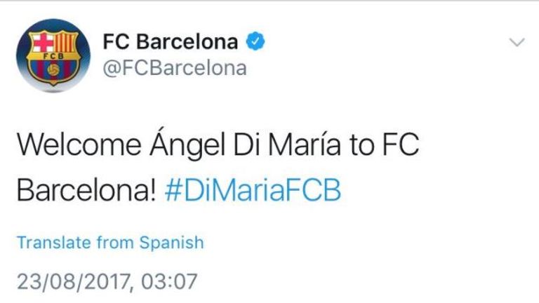 Tweet claiming to announce Barcelona's capture of Angel di Maria