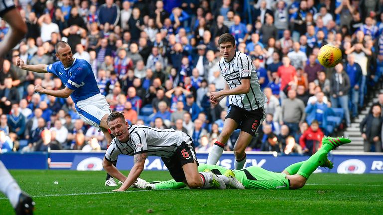 Kenny Miller (left) scores the opening goal at Ibrox