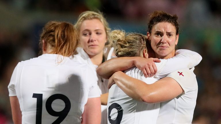 Sarah Hunter (right) reacts to defeat in the World Cup final