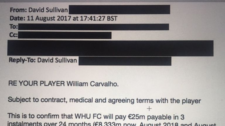 An email shows an offer made on August 11 of £22.8m plus add-ons