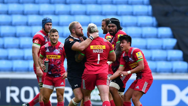 Joe Marler and James Haskell clash at the Ricoh Arena