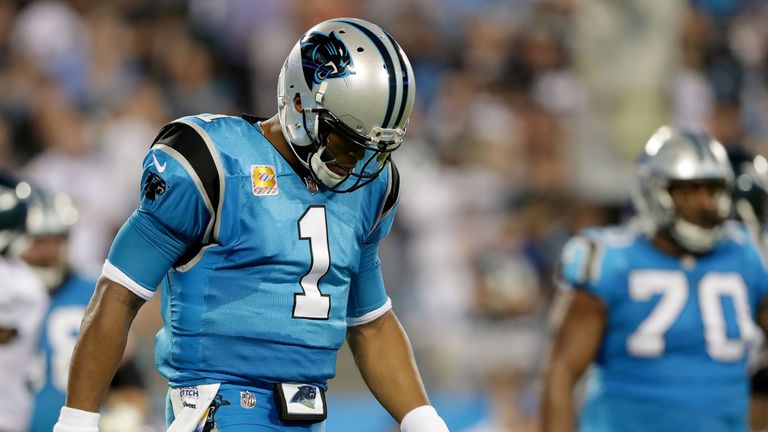 Cam Newton had an off night against the Eagles, throwing three interceptions