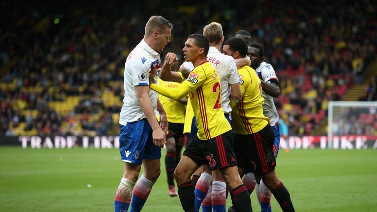 Jose Holebas and Ryan Shawcross square up at Vicarage Road