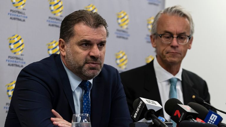 Ange Postecoglou (left), recently linked with a move to Rangers, has resigned from his post as Australia's coach