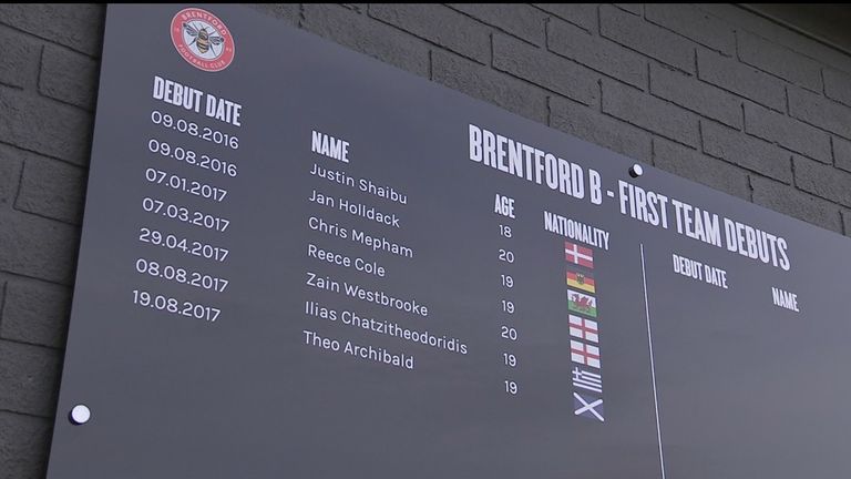 Brentford display a board for their first-team debutants from the B team at the club's training ground.