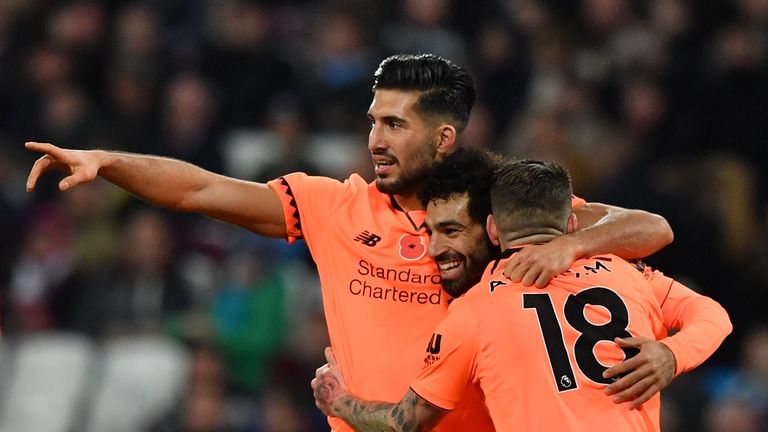 Players congratulate Mohamed Salah (C) after he extends Liverpool's lead