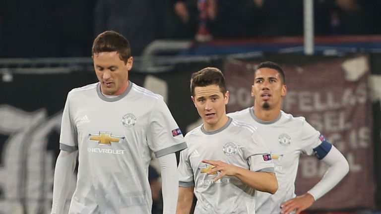 Nemanja Matic, Ander Herrera and Chris Smalling show their disappointment after Basel's goal