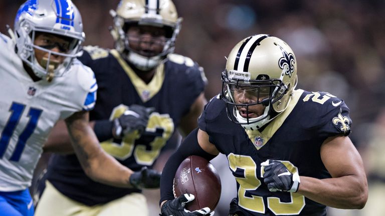 Marshon Lattimore pictured returning an interception for a touchdown against Detroit