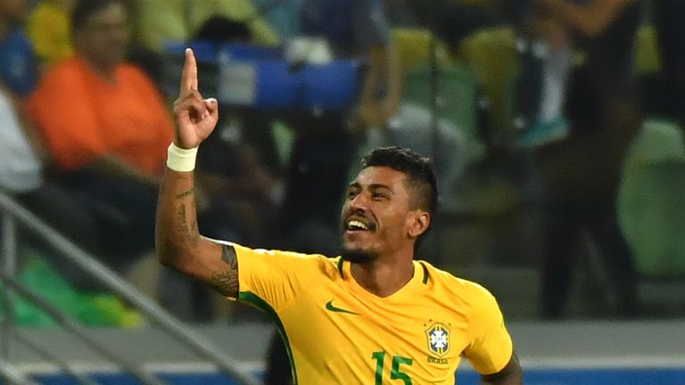 Brazil's Paulinho celebrates after scoring against Chile