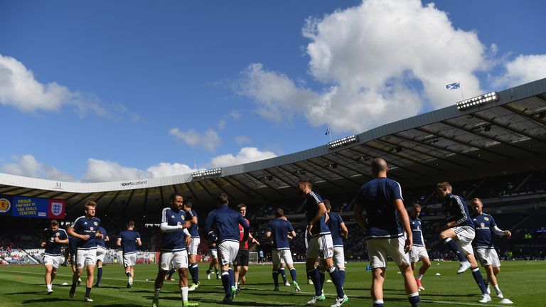 The Scotland team warm up at Hampden