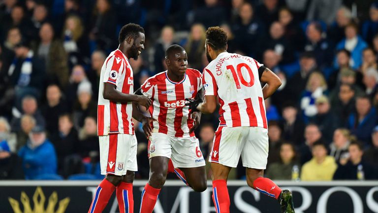 Eric Maxim Choupo-Moting celebrates scoring Stoke's opener at the Amex Stadium