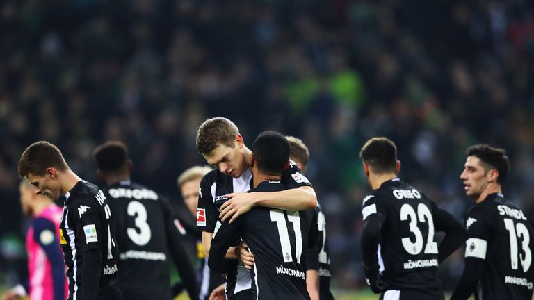 Monchengladbach celebrate taking a two-goal lead against Bremen