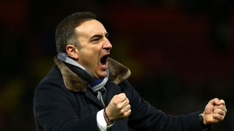 Carlos Carvalhal celebrates his side's 2-1 victory over Watford